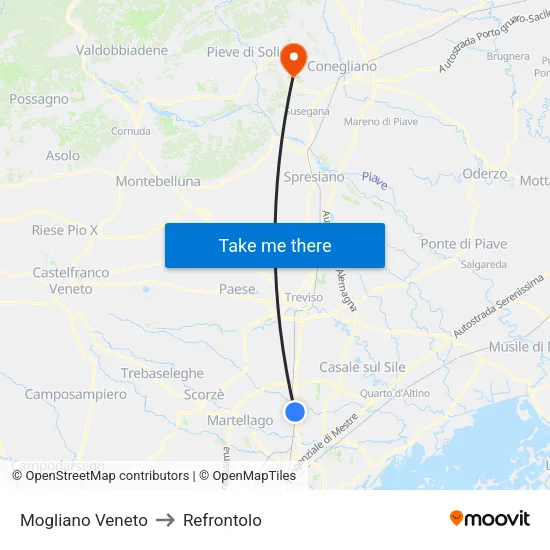 Mogliano Veneto to Refrontolo map