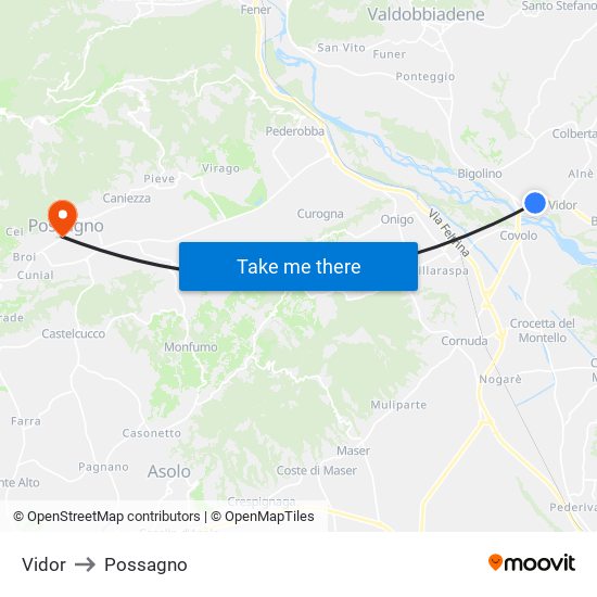 Vidor to Possagno map