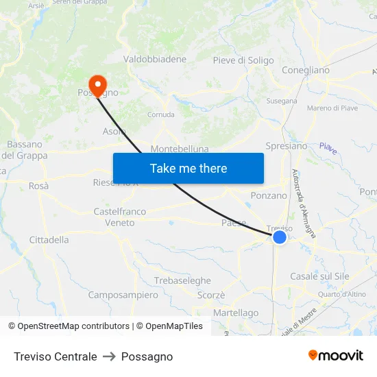 Treviso Centrale to Possagno map