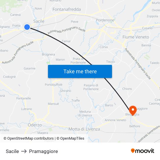 Sacile to Pramaggiore map