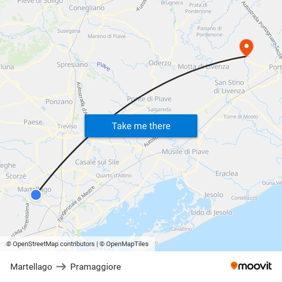 Martellago to Pramaggiore map