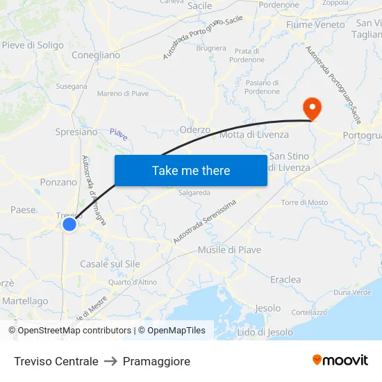 Treviso Centrale to Pramaggiore map