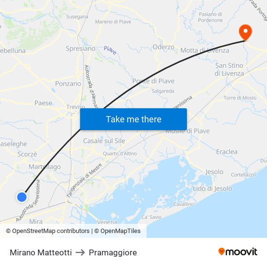 Mirano Matteotti to Pramaggiore map