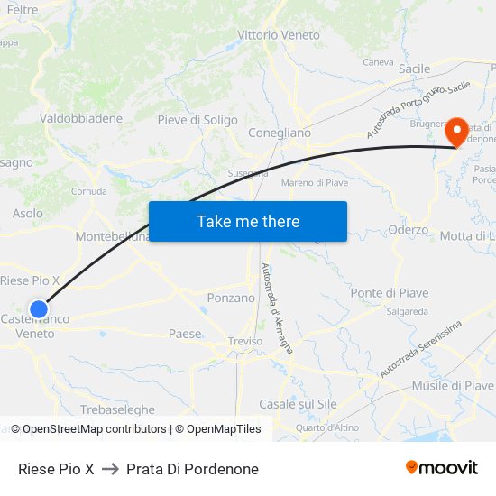 Riese Pio X to Prata Di Pordenone map