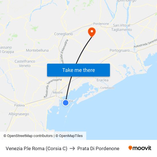 Venezia P.le Roma (Corsia C) to Prata Di Pordenone map