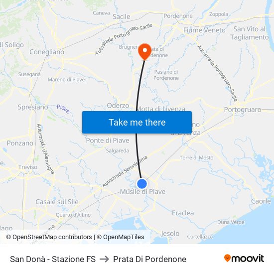 San Donà - Stazione FS to Prata Di Pordenone map