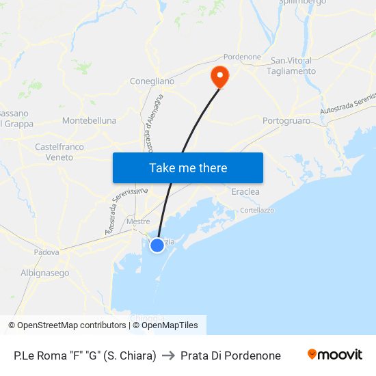 P.Le Roma "F" "G" (S. Chiara) to Prata Di Pordenone map