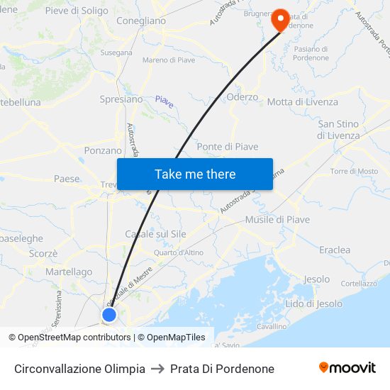 Circonvallazione Olimpia to Prata Di Pordenone map