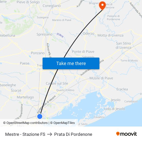 Mestre - Stazione FS to Prata Di Pordenone map