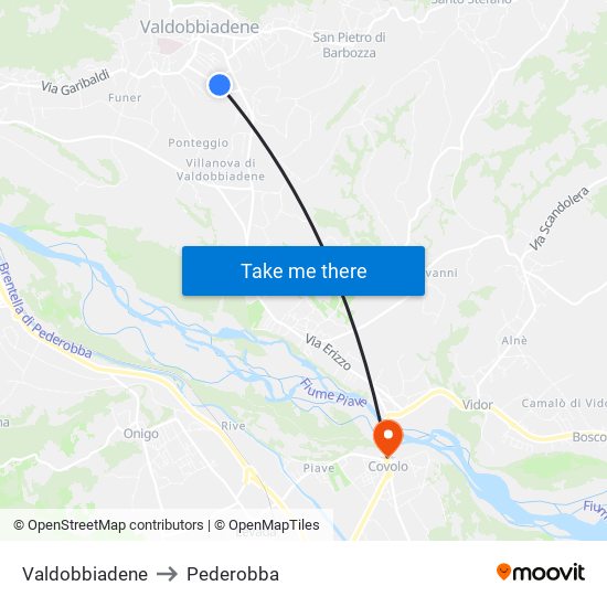 Valdobbiadene to Pederobba map