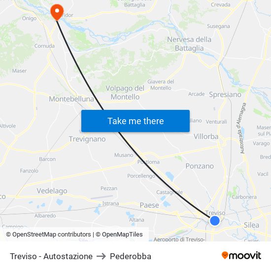 Treviso - Autostazione to Pederobba map