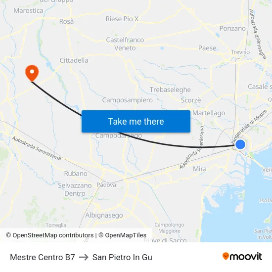 Mestre Centro B7 to San Pietro In Gu map