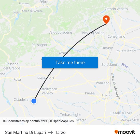 San Martino Di Lupari to Tarzo map