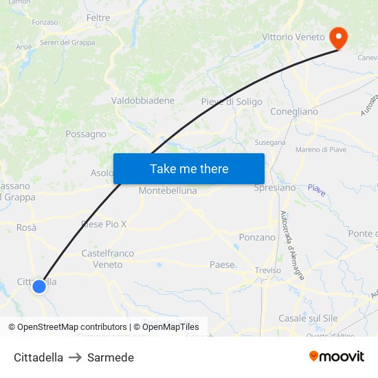 Cittadella to Sarmede map