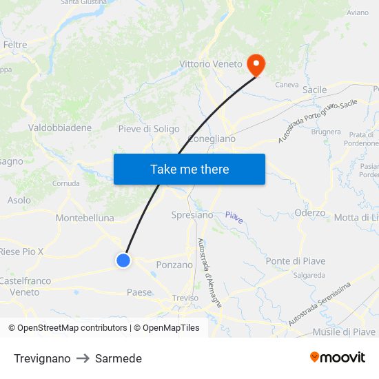 Trevignano to Sarmede map