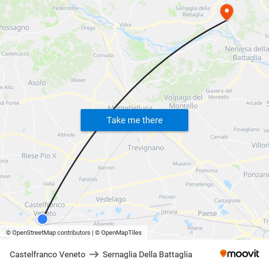 Castelfranco Veneto to Sernaglia Della Battaglia map