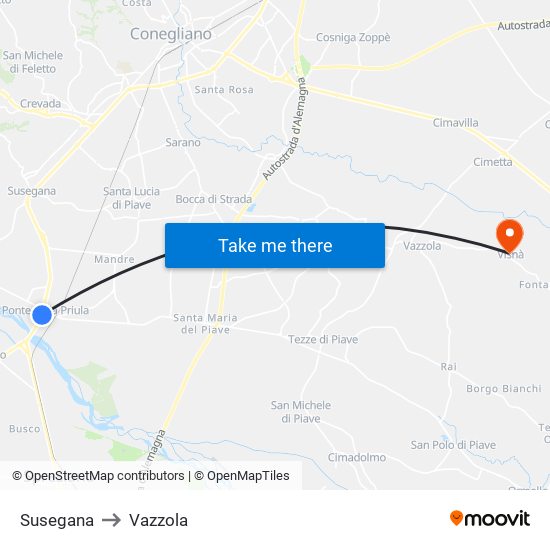 Susegana to Vazzola map