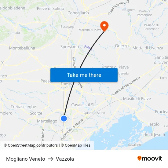 Mogliano Veneto to Vazzola map