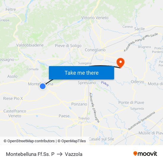 Montebelluna Ff.Ss. P to Vazzola map
