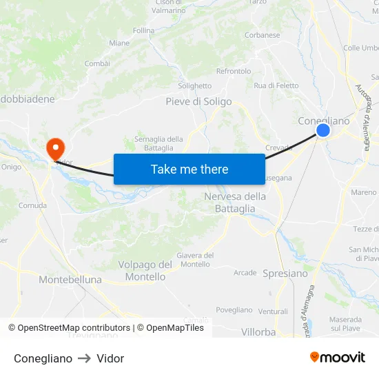 Conegliano to Vidor map