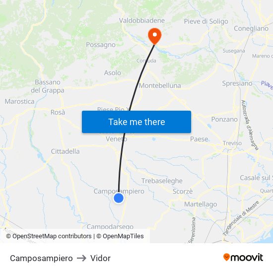 Camposampiero to Vidor map