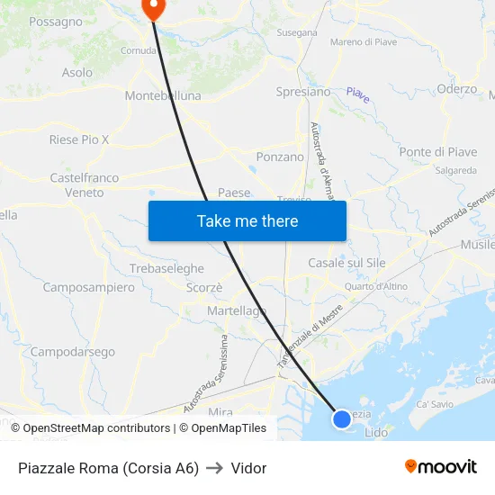 Piazzale Roma (Lane A6) to Vidor map