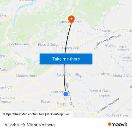 Villorba to Vittorio Veneto map