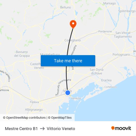 Mestre Centro B1 to Vittorio Veneto map