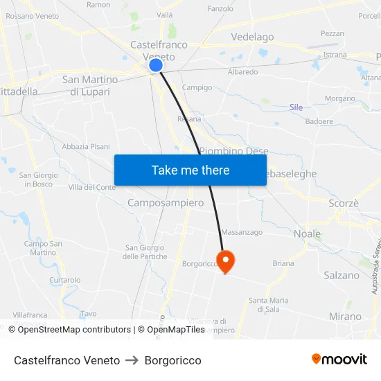 Castelfranco Veneto to Borgoricco map