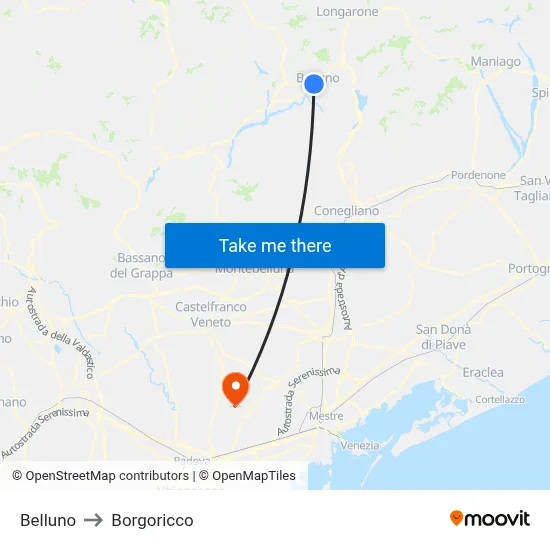 Belluno to Borgoricco map