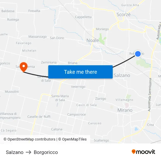 Salzano to Borgoricco map