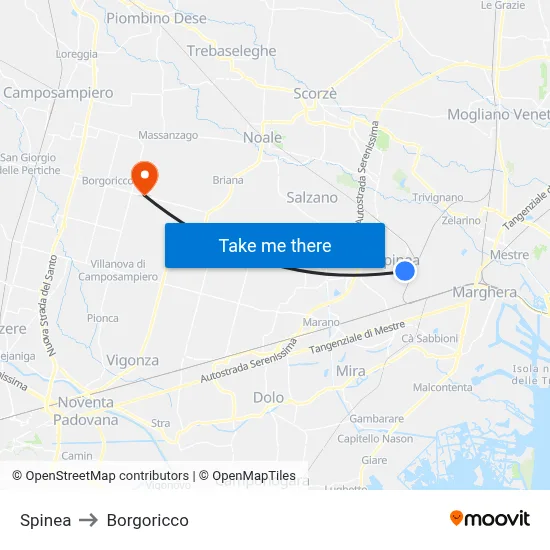Spinea to Borgoricco map