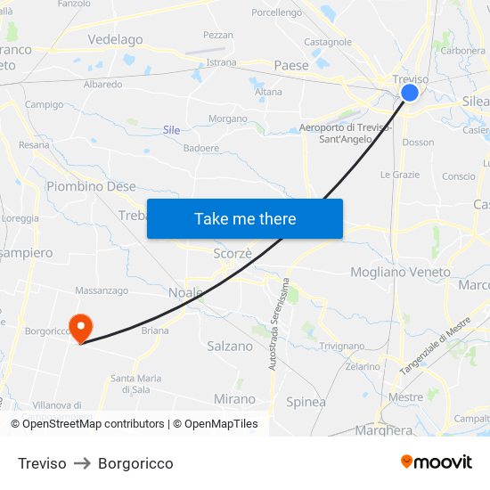 Treviso to Borgoricco map