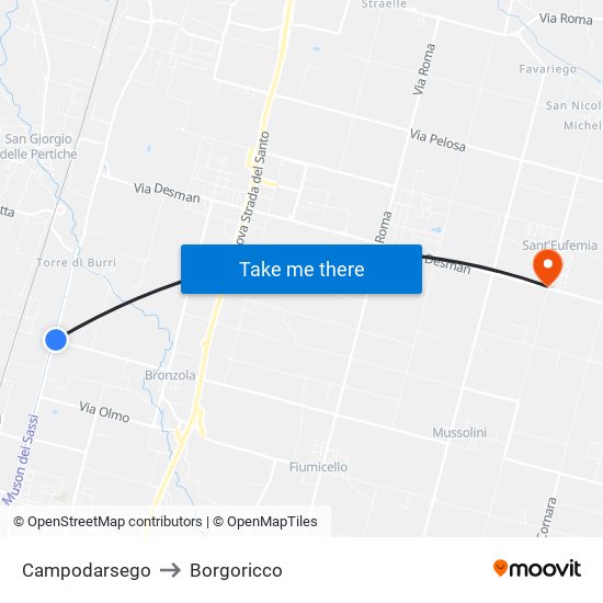 Campodarsego to Borgoricco map