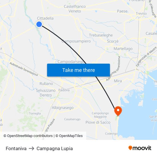 Fontaniva to Campagna Lupia map