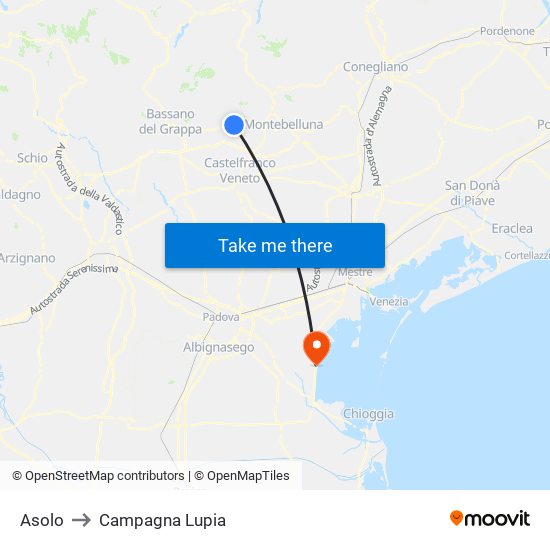 Asolo to Campagna Lupia map