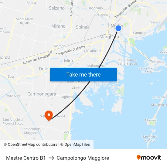 Mestre Centro B1 to Campolongo Maggiore map