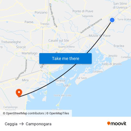 Ceggia to Camponogara map