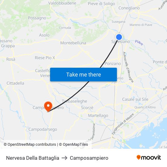 Nervesa Della Battaglia to Camposampiero map