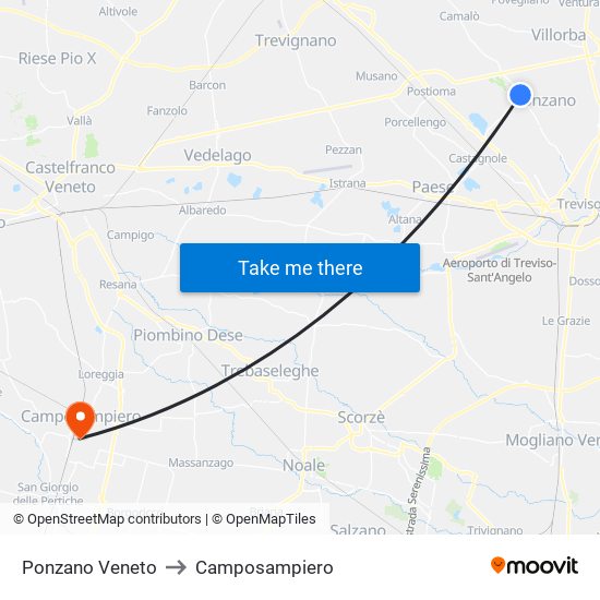Ponzano Veneto to Camposampiero map