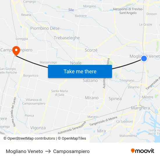 Mogliano Veneto to Camposampiero map