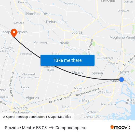 Stazione Mestre FS C3 to Camposampiero map