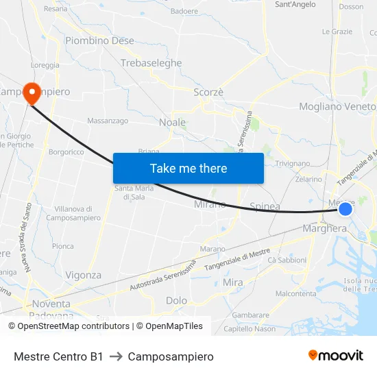 Mestre Center B1 to Camposampiero map
