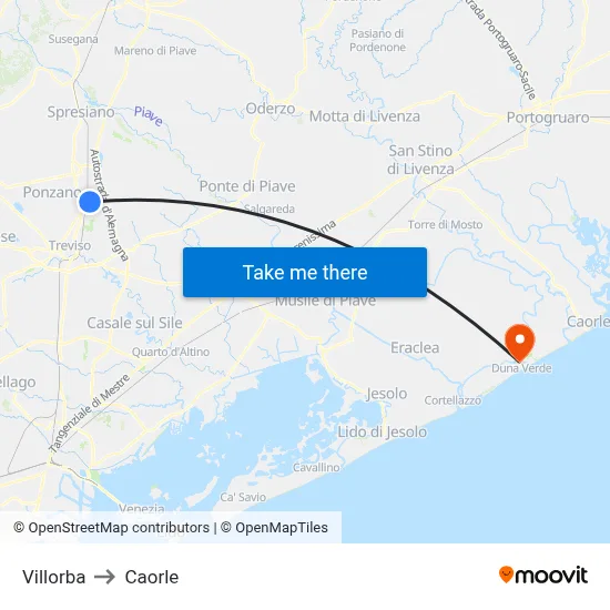 Villorba to Caorle map