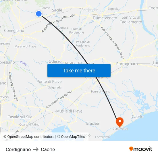 Cordignano to Caorle map