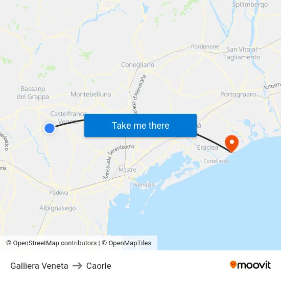 Galliera Veneta to Caorle map