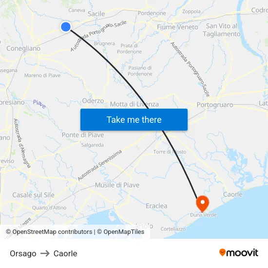 Orsago to Caorle map