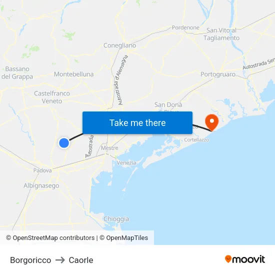 Borgoricco to Caorle map