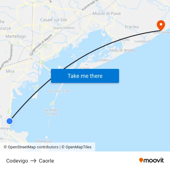Codevigo to Caorle map