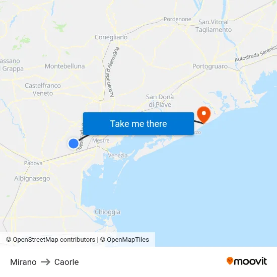 Mirano to Caorle map